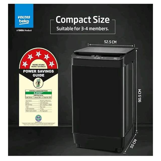Voltas Beko, Top Load 7 Kg 5 Star Eco Wash/Monsoon Dry Fully-Automatic Washing Machine (WTL70, Water Reuse, Side Waterfall, Mansoon Dry, Dark Grey)
100+ bought in past month