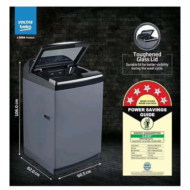Voltas Beko, A Tata Product 11 Kg 5 Star Fully-Automatic Top Loading Washing Machine (WTL1106UEA / OBS1060, Grey, Double Waterfall Technology)
