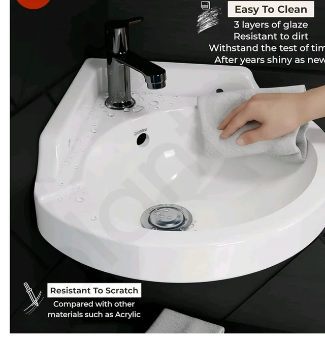 Plantex White Corner Wash Basin/Wall Mount Basin for Bathroom/Ceramic Tabletop Basin with 10 Years Glaze Warranty by Plantex/Small Corner Sink (Breva - 14.5 x 14.5 x 5 Inch)