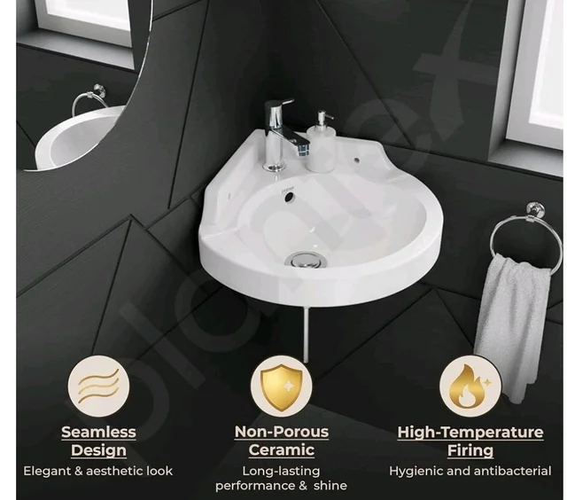 Plantex White Corner Wash Basin/Wall Mount Basin for Bathroom/Ceramic Tabletop Basin with 10 Years Glaze Warranty by Plantex/Small Corner Sink (Breva - 14.5 x 14.5 x 5 Inch)