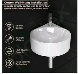 Plantex Ceramic Wall Hung Basin/Corner Bathroom Basin/Wall Mounted Wash Basin with 10 Years Glaze Warranty/Sink for Living Room (Eva -White- 14x14x6 inch)
