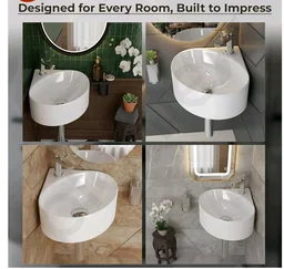 Plantex Ceramic Wall Hung Basin/Corner Bathroom Basin/Wall Mounted Wash Basin with 10 Years Glaze Warranty/Sink for Living Room (Eva -White- 14x14x6 inch)