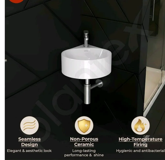 Plantex Ceramic Wall Hung Basin/Corner Bathroom Basin/Wall Mounted Wash Basin with 10 Years Glaze Warranty/Sink for Living Room (Eva -White- 14x14x6 inch)