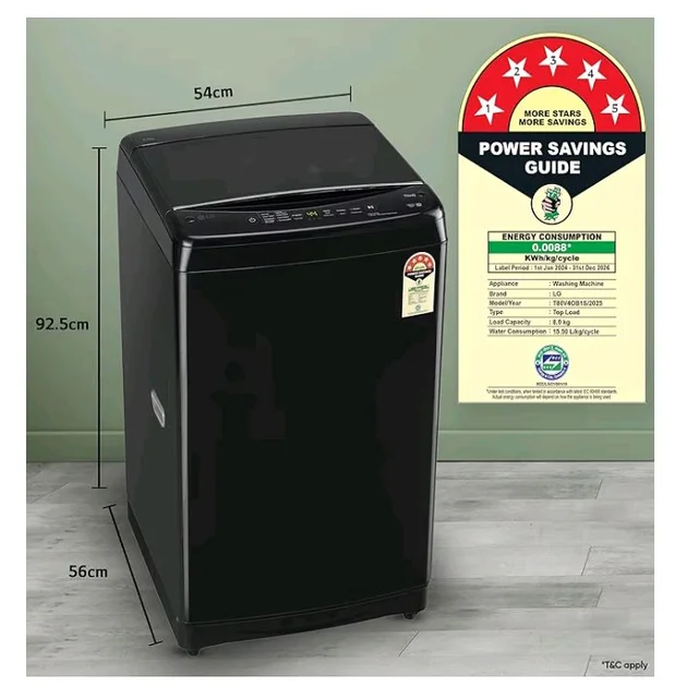 LG 8 Kg, 5 Star, Smart Inverter Technology, Wi-Fi, Turbowash, Fully Automatic Top Load Washing Machine With In-built heater (T80V4OB1S, Turbodrum, Stain Clean, Hard Water Wash & Jetspray+, Onyx Black)