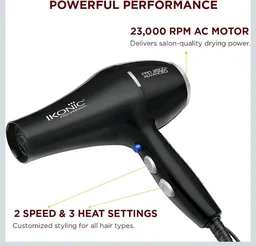 Ikonic Professional Pro 2500+ Advanced Hair Dryer 2500W-2800W, 23000 Rpm Ac Motor, Ionic Technology Anti-Frizz Blow Dryer For Smooth Shiny Hair, 3 Heat & 2 Speed Settings, Cool Shot Button, 2 Nozzles, Overheat Protection, For Men & Women, Black