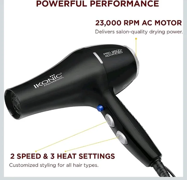 Ikonic Professional Pro 2500+ Advanced Hair Dryer 2500W-2800W, 23000 Rpm Ac Motor, Ionic Technology Anti-Frizz Blow Dryer For Smooth Shiny Hair, 3 Heat & 2 Speed Settings, Cool Shot Button, 2 Nozzles, Overheat Protection, For Men & Women, Black