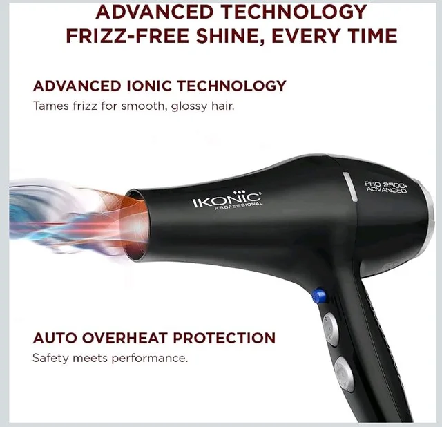 Ikonic Professional Pro 2500+ Advanced Hair Dryer 2500W-2800W, 23000 Rpm Ac Motor, Ionic Technology Anti-Frizz Blow Dryer For Smooth Shiny Hair, 3 Heat & 2 Speed Settings, Cool Shot Button, 2 Nozzles, Overheat Protection, For Men & Women, Black