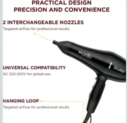 Ikonic Professional Pro 2500+ Advanced Hair Dryer 2500W-2800W, 23000 Rpm Ac Motor, Ionic Technology Anti-Frizz Blow Dryer For Smooth Shiny Hair, 3 Heat & 2 Speed Settings, Cool Shot Button, 2 Nozzles, Overheat Protection, For Men & Women, Black