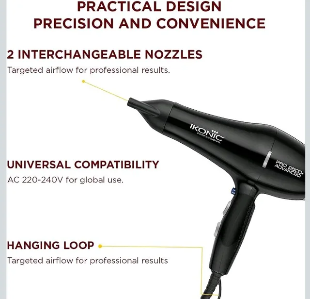 Ikonic Professional Pro 2500+ Advanced Hair Dryer 2500W-2800W, 23000 Rpm Ac Motor, Ionic Technology Anti-Frizz Blow Dryer For Smooth Shiny Hair, 3 Heat & 2 Speed Settings, Cool Shot Button, 2 Nozzles, Overheat Protection, For Men & Women, Black