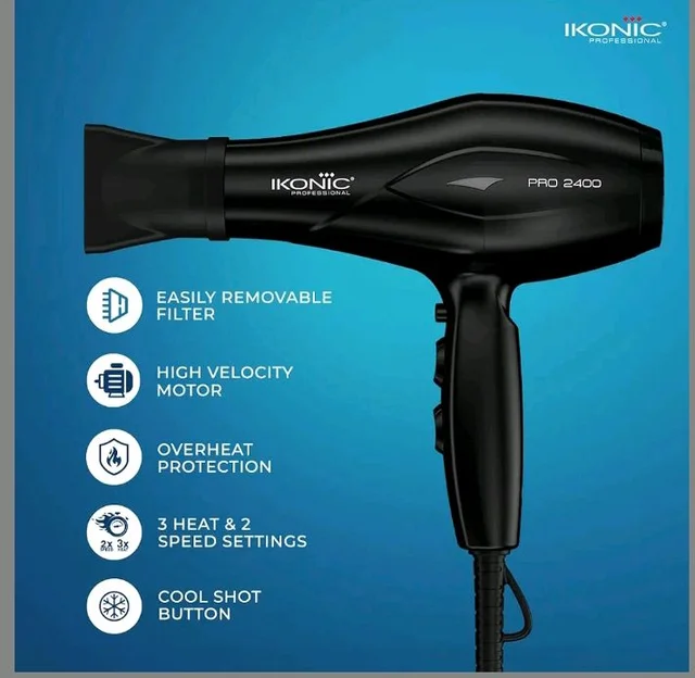 Ikonic Professional Pro 2400 Hair Dryer For Women & Men, 2200W High-Power Ac Motor, Ionic Hair Dryer With 3 Heat & 2 Speed Settings, Cool Shot, 2 Concentrator Nozzles, Fast Drying, Frizz Control, Black