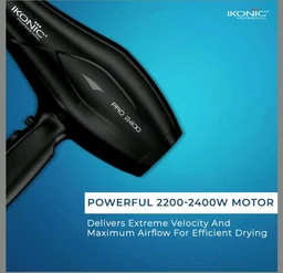 Ikonic Professional Pro 2400 Hair Dryer For Women & Men, 2200W High-Power Ac Motor, Ionic Hair Dryer With 3 Heat & 2 Speed Settings, Cool Shot, 2 Concentrator Nozzles, Fast Drying, Frizz Control, Black