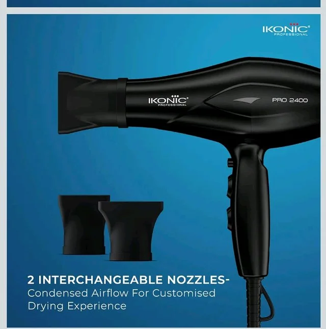 Ikonic Professional Pro 2400 Hair Dryer For Women & Men, 2200W High-Power Ac Motor, Ionic Hair Dryer With 3 Heat & 2 Speed Settings, Cool Shot, 2 Concentrator Nozzles, Fast Drying, Frizz Control, Black