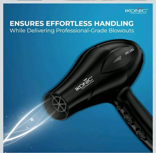 Ikonic Professional Pro 2400 Hair Dryer For Women & Men, 2200W High-Power Ac Motor, Ionic Hair Dryer With 3 Heat & 2 Speed Settings, Cool Shot, 2 Concentrator Nozzles, Fast Drying, Frizz Control, Black