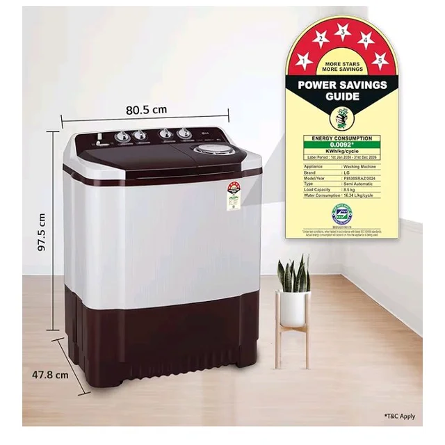 LG 8.5 kg 5 Star Semi-Automatic Top Load Washing Machine (P8530SRAZ, Burgundy, Roller Jet Pulsator)
