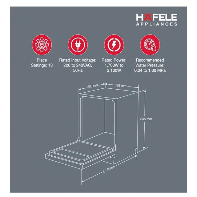 Hafele Aqua Chrome Dishwasher |13 Place Settings |Upto 70 Utensils |Designed for Indian Kitchens |Free-Standing |Hygienic & High-Performance Cleaning |Premium Stainless Steel Finish |5-Year Warranty