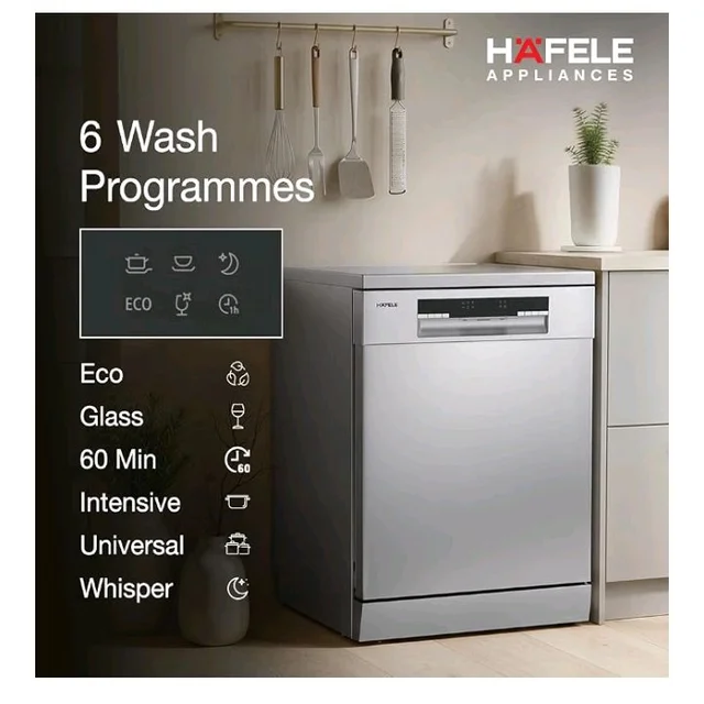 Hafele Aqua Chrome Dishwasher |13 Place Settings |Upto 70 Utensils |Designed for Indian Kitchens |Free-Standing |Hygienic & High-Performance Cleaning |Premium Stainless Steel Finish |5-Year Warranty