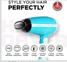 Havells HD3151 1200 W Foldable Hair Dryer; 3 Heat (Hot/Cool/Warm) Settings Including Cool Shot Button; Heat Balance Technology, Turquoise