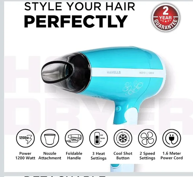 Havells HD3151 1200 W Foldable Hair Dryer; 3 Heat (Hot/Cool/Warm) Settings Including Cool Shot Button; Heat Balance Technology, Turquoise