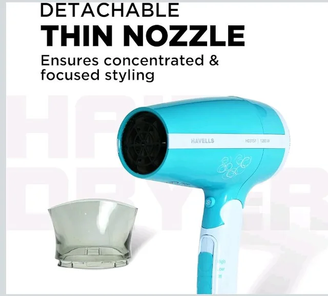 Havells HD3151 1200 W Foldable Hair Dryer; 3 Heat (Hot/Cool/Warm) Settings Including Cool Shot Button; Heat Balance Technology, Turquoise