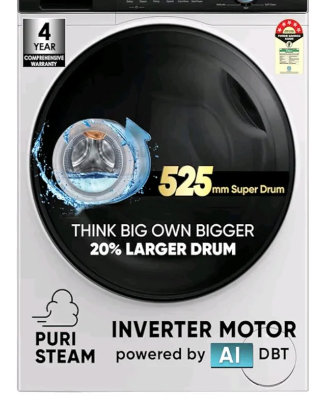 Haier 8 kg 5 Star Powered by AI-DBT with PuriSteam, 525mm Super Drum, Inverter Motor with In-Built Heater Fully Automatic Front Load Washer (HW80-IM12929C | White)
100+ bought in past month