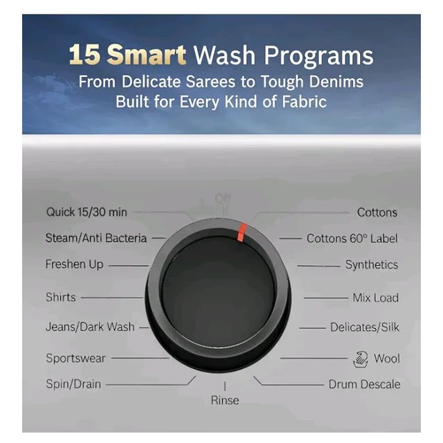 Bosch 7 kg 5 Star Front Load Fully-Automatic Washing Machine, Antibacterial Tech, AI ActiveWater, 15 Wash Programs, 53L Large Drum, SoftCare Paddle, Silver, WAJ24266IN (2026 Model)
100+ bought in past month