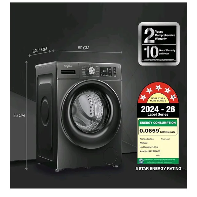 Whirlpool 7 Kg 5 Star Inverter Front Load Washing Machine with In-Built Heater (SUPREME CARE 7012 -E, Midnight Grey, 100+ Tough Stains, Steam Technology, 2025 Model)