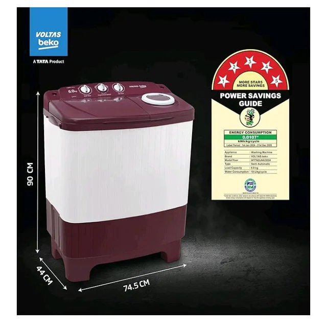 Voltas beko, A Tata Product 6 kg 5 Star Semi-Automatic Top Load Washing Machine With Air Dry (WTT60UNX/OK3R0R0W01, Burgundy, Special Pulsator Technology)