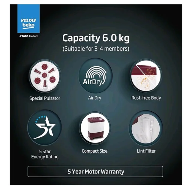 Voltas beko, A Tata Product 6 kg 5 Star Semi-Automatic Top Load Washing Machine With Air Dry (WTT60UNX/OK3R0R0W01, Burgundy, Special Pulsator Technology)