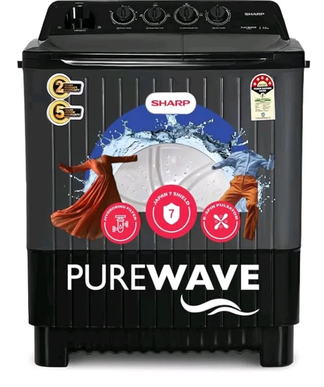 SHARP 7.5 kg, 5 star Rating with E-Spin Pulsator,Semi-Automatic Top Loading Washing Machine, 1300 RPM (ES-SD75NB-TS, Steel Grey, Pure Wave)
Product Images and Videos (AI-Generated Alt Text)