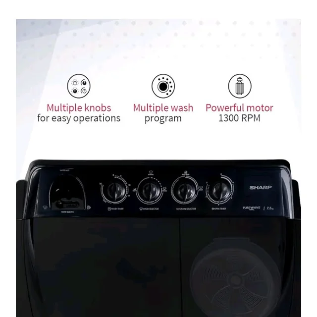SHARP 7.5 kg, 5 star Rating with E-Spin Pulsator,Semi-Automatic Top Loading Washing Machine, 1300 RPM (ES-SD75NB-TS, Steel Grey, Pure Wave)
Product Images and Videos (AI-Generated Alt Text)