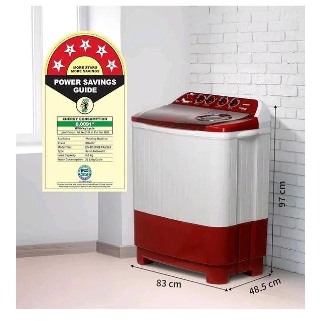 SHARP 8.0 kg, 5 star Semi-Automatic Top Loading Washing Machine with Quadroniq Pulsator, Wave Dry Ring, 1300 RPM (ES-SD80NB-TR, Ruby Red, Pure Wave+)