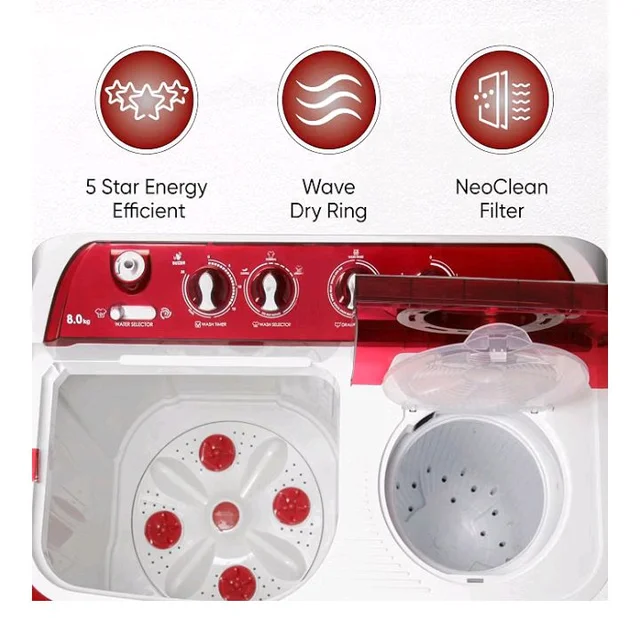 SHARP 8.0 kg, 5 star Semi-Automatic Top Loading Washing Machine with Quadroniq Pulsator, Wave Dry Ring, 1300 RPM (ES-SD80NB-TR, Ruby Red, Pure Wave+)