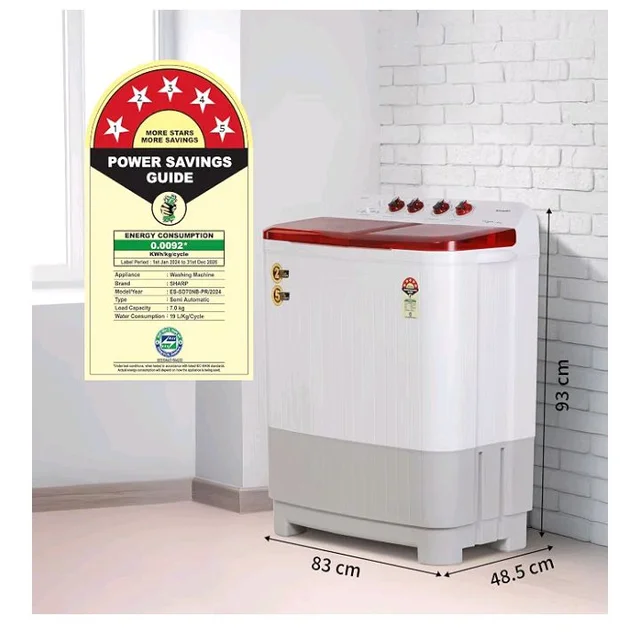 SHARP 9.0 kg, 5 star, Semi-Automatic Top Loading Washing Machine with HydroBlast Wash, Quadroniq Pulsator, 1300 RPM (ES-SD90NB-PR, Ruby Red, Pure Wave)