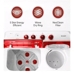 SHARP 9.0 kg, 5 star, Semi-Automatic Top Loading Washing Machine with HydroBlast Wash, Quadroniq Pulsator, 1300 RPM (ES-SD90NB-PR, Ruby Red, Pure Wave)