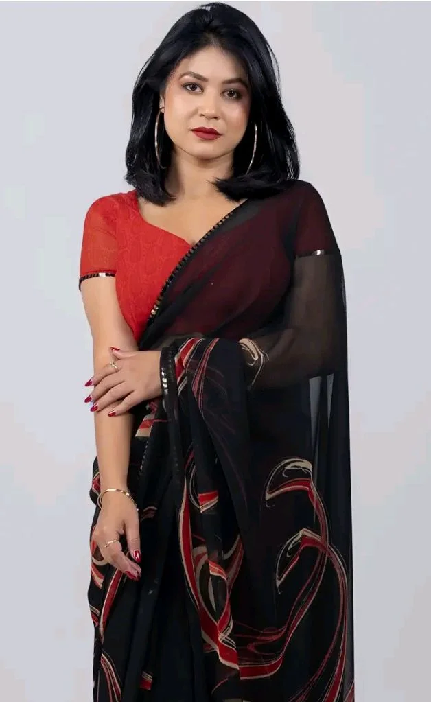 MIRCHI FASHION Women Sari Georgette Chevron Printed | Modern Pattern Farewell and Festive Drape with Matching Blouse Piece
