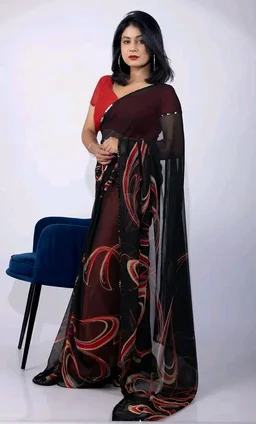 MIRCHI FASHION Women Sari Georgette Chevron Printed | Modern Pattern Farewell and Festive Drape with Matching Blouse Piece