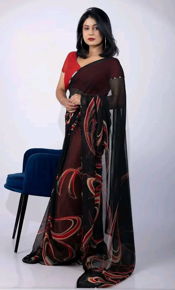 MIRCHI FASHION Women Sari Georgette Chevron Printed | Modern Pattern Farewell and Festive Drape with Matching Blouse Piece