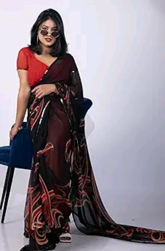 MIRCHI FASHION Women Sari Georgette Chevron Printed | Modern Pattern Farewell and Festive Drape with Matching Blouse Piece