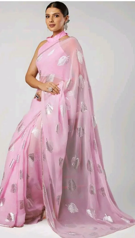 SIRIL Women's Georgette Foil Print Saree With Unstitched Blouse
