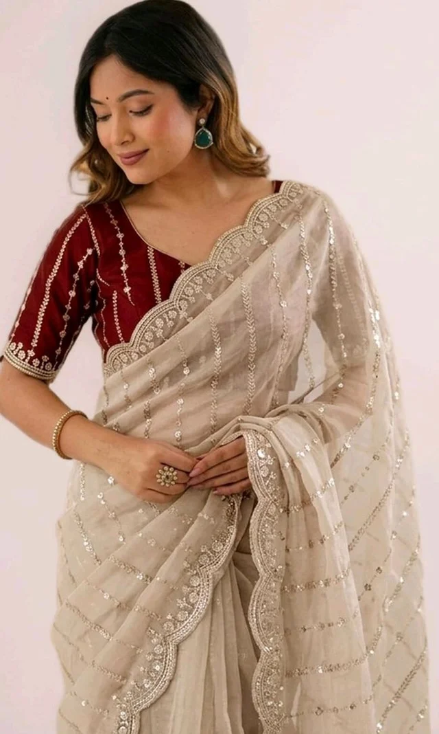 SIRIL Women's Shimmer Georgette Scalloped Border Sequins Embroidery Saree with Unstitched Blouse Piece
