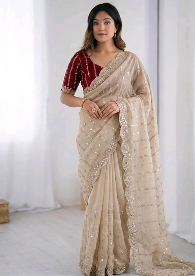 SIRIL Women's Shimmer Georgette Scalloped Border Sequins Embroidery Saree with Unstitched Blouse Piece
