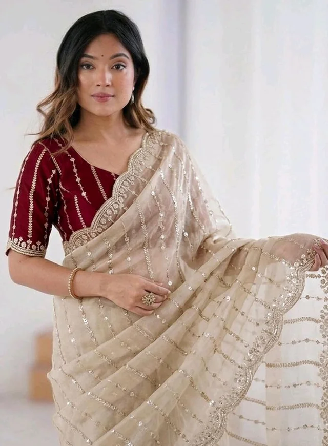 SIRIL Women's Shimmer Georgette Scalloped Border Sequins Embroidery Saree with Unstitched Blouse Piece