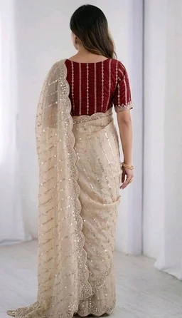 SIRIL Women's Shimmer Georgette Scalloped Border Sequins Embroidery Saree with Unstitched Blouse Piece
