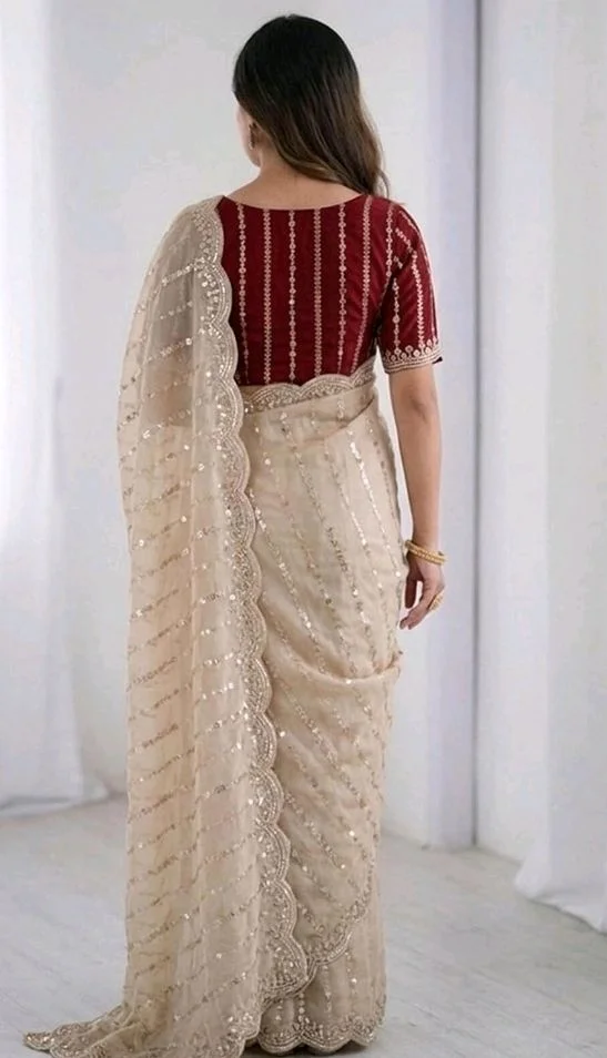 SIRIL Women's Shimmer Georgette Scalloped Border Sequins Embroidery Saree with Unstitched Blouse Piece