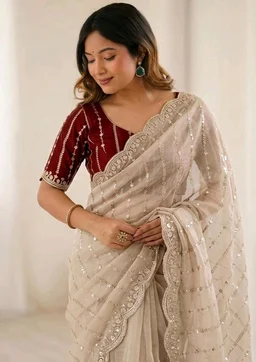 SIRIL Women's Shimmer Georgette Scalloped Border Sequins Embroidery Saree with Unstitched Blouse Piece