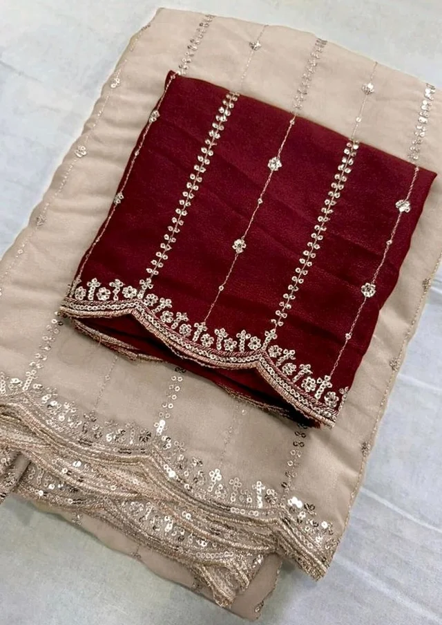 SIRIL Women's Shimmer Georgette Scalloped Border Sequins Embroidery Saree with Unstitched Blouse Piece