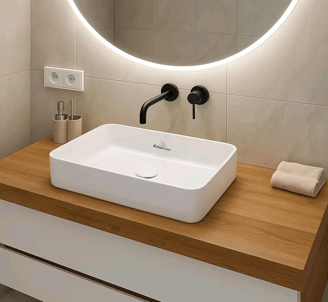 KrissKross Countertop Ceramic Wash Basin, Rectangular Vessel Sink, Above-Counter Mount, Single-Tap Compatible, Gloss White, Easy-Clean, Table Top Washbasin