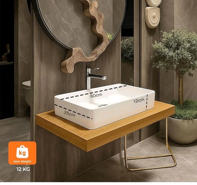 KrissKross Countertop Ceramic Wash Basin, Rectangular Vessel Sink, Above-Counter Mount, Single-Tap Compatible, Gloss White, Easy-Clean, Table Top Washbasin