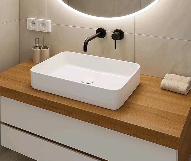 KrissKross Countertop Ceramic Wash Basin, Rectangular Vessel Sink, Above-Counter Mount, Single-Tap Compatible, Gloss White, Easy-Clean, Table Top Washbasin