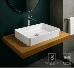 KrissKross Countertop Ceramic Wash Basin, Rectangular Vessel Sink, Above-Counter Mount, Single-Tap Compatible, Gloss White, Easy-Clean, Table Top Washbasin